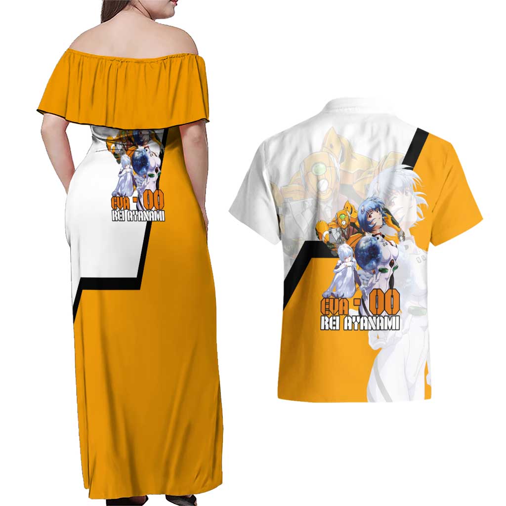 Evangelion EVA-00 and Rei Ayanami Yellow and White Couples Matching Off Shoulder Maxi Dress and Hawaiian Shirt Design with Mecha and Character Artwork - The Mazicc
