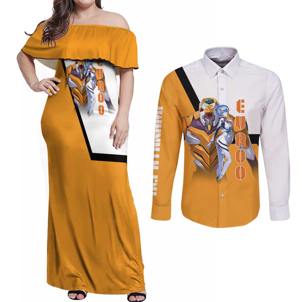 Evangelion EVA-00 and Rei Ayanami Yellow and White Couples Matching Off Shoulder Maxi Dress and Long Sleeve Button Shirt Design with Mecha and Character Artwork - The Mazicc