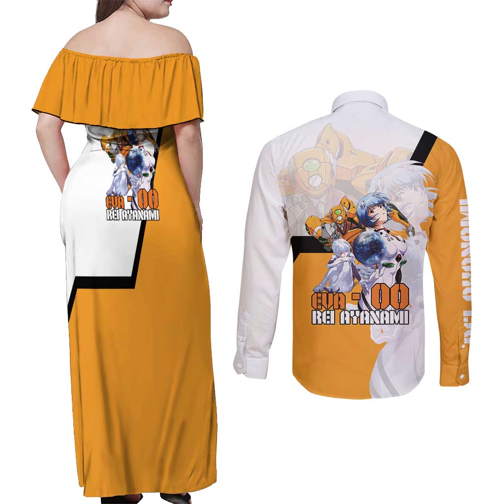 Evangelion EVA-00 and Rei Ayanami Yellow and White Couples Matching Off Shoulder Maxi Dress and Long Sleeve Button Shirt Design with Mecha and Character Artwork - The Mazicc