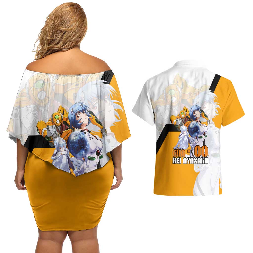 Evangelion EVA-00 and Rei Ayanami Yellow and White Couples Matching Off Shoulder Short Dress and Hawaiian Shirt Design with Mecha and Character Artwork - The Mazicc