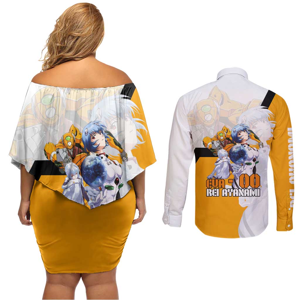 Evangelion EVA-00 and Rei Ayanami Yellow and White Couples Matching Off Shoulder Short Dress and Long Sleeve Button Shirt Design with Mecha and Character Artwork - The Mazicc