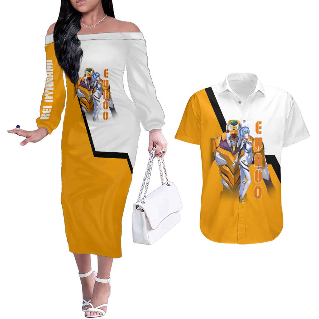Evangelion EVA-00 and Rei Ayanami Yellow and White Couples Matching Off The Shoulder Long Sleeve Dress and Hawaiian Shirt Design with Mecha and Character Artwork - The Mazicc
