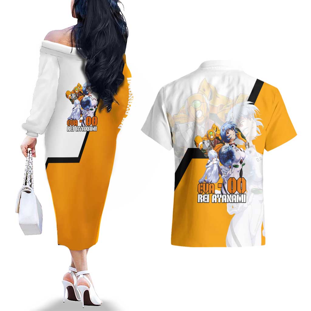 Evangelion EVA-00 and Rei Ayanami Yellow and White Couples Matching Off The Shoulder Long Sleeve Dress and Hawaiian Shirt Design with Mecha and Character Artwork - The Mazicc