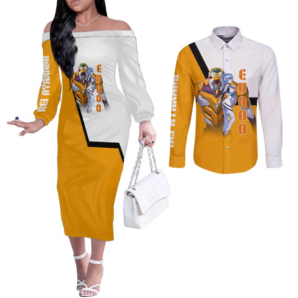 Evangelion EVA-00 and Rei Ayanami Yellow and White Couples Matching Off The Shoulder Long Sleeve Dress and Long Sleeve Button Shirt Design with Mecha and Character Artwork - The Mazicc