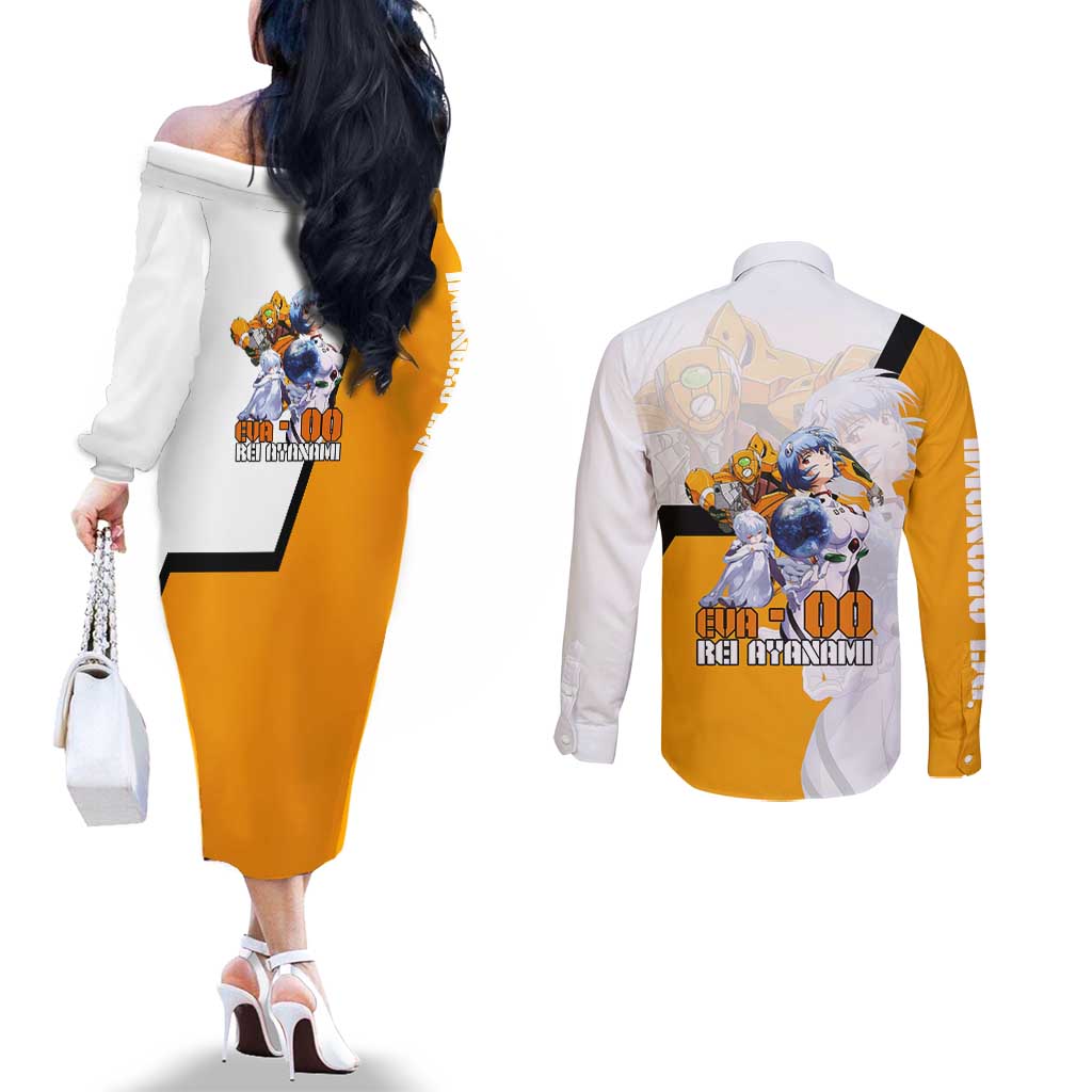 Evangelion EVA-00 and Rei Ayanami Yellow and White Couples Matching Off The Shoulder Long Sleeve Dress and Long Sleeve Button Shirt Design with Mecha and Character Artwork - The Mazicc
