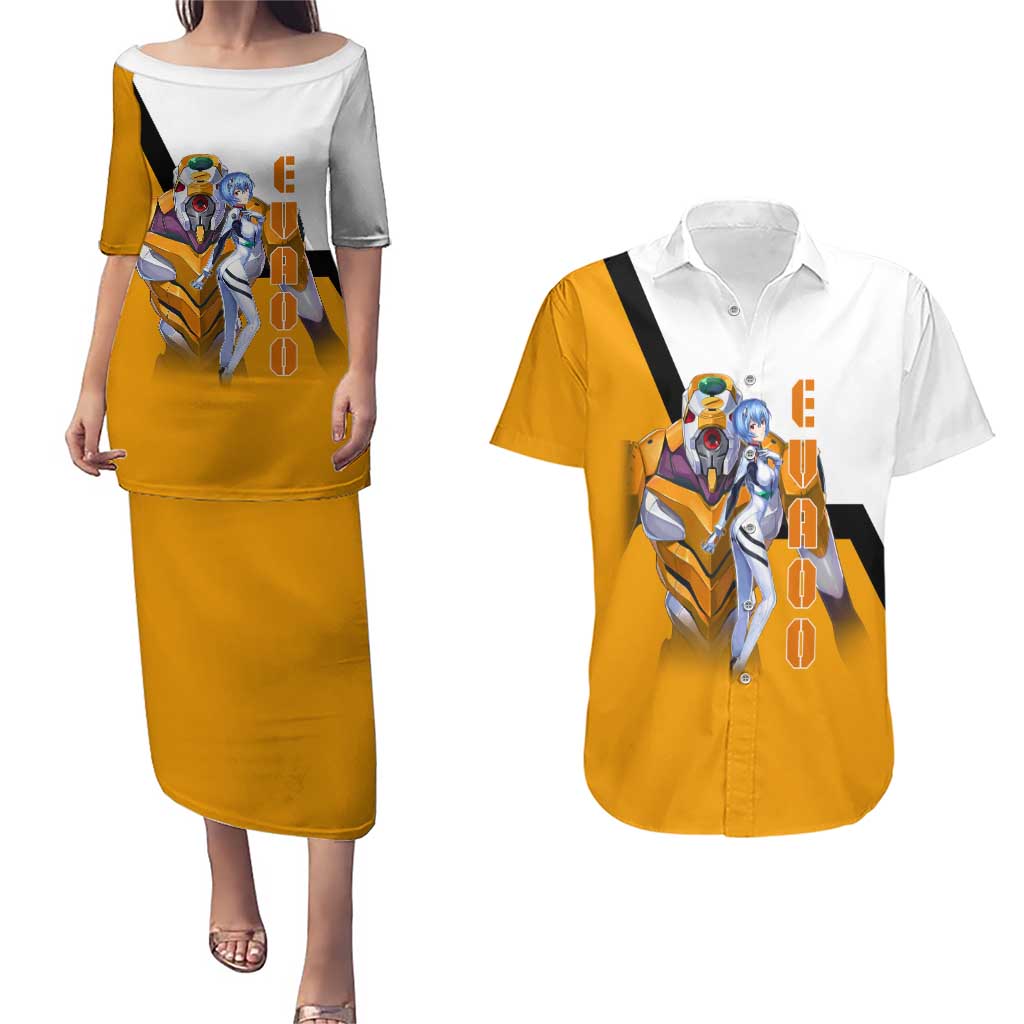 Evangelion EVA-00 and Rei Ayanami Yellow and White Couples Matching Puletasi and Hawaiian Shirt Design with Mecha and Character Artwork - The Mazicc