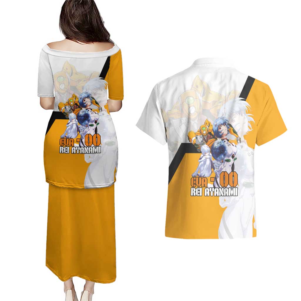 Evangelion EVA-00 and Rei Ayanami Yellow and White Couples Matching Puletasi and Hawaiian Shirt Design with Mecha and Character Artwork - The Mazicc