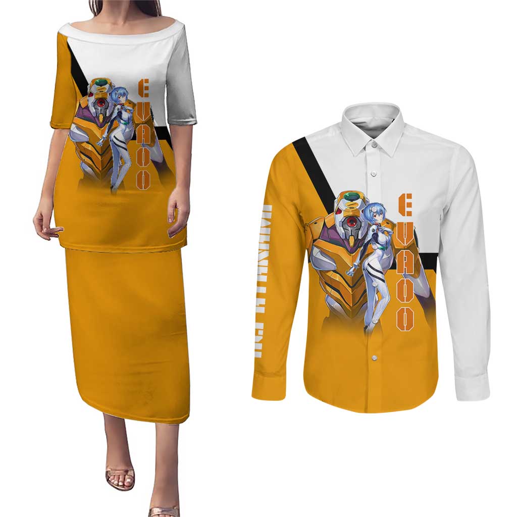 Evangelion EVA-00 and Rei Ayanami Yellow and White Couples Matching Puletasi and Long Sleeve Button Shirt Design with Mecha and Character Artwork - The Mazicc