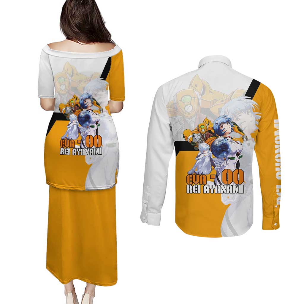 Evangelion EVA-00 and Rei Ayanami Yellow and White Couples Matching Puletasi and Long Sleeve Button Shirt Design with Mecha and Character Artwork - The Mazicc