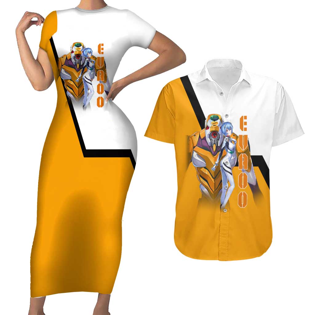 Evangelion EVA-00 and Rei Ayanami Yellow and White Couples Matching Short Sleeve Bodycon Dress and Hawaiian Shirt Design with Mecha and Character Artwork - The Mazicc