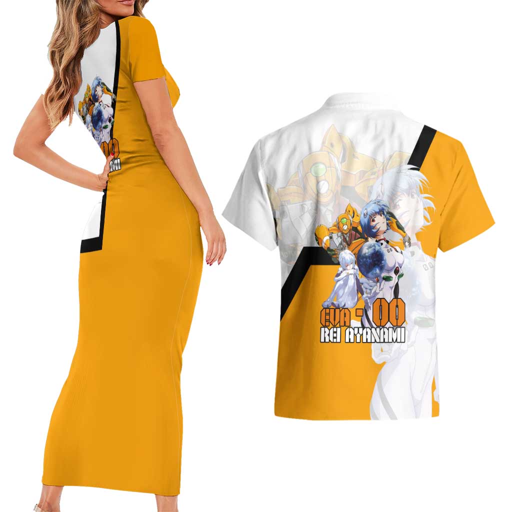 Evangelion EVA-00 and Rei Ayanami Yellow and White Couples Matching Short Sleeve Bodycon Dress and Hawaiian Shirt Design with Mecha and Character Artwork - The Mazicc