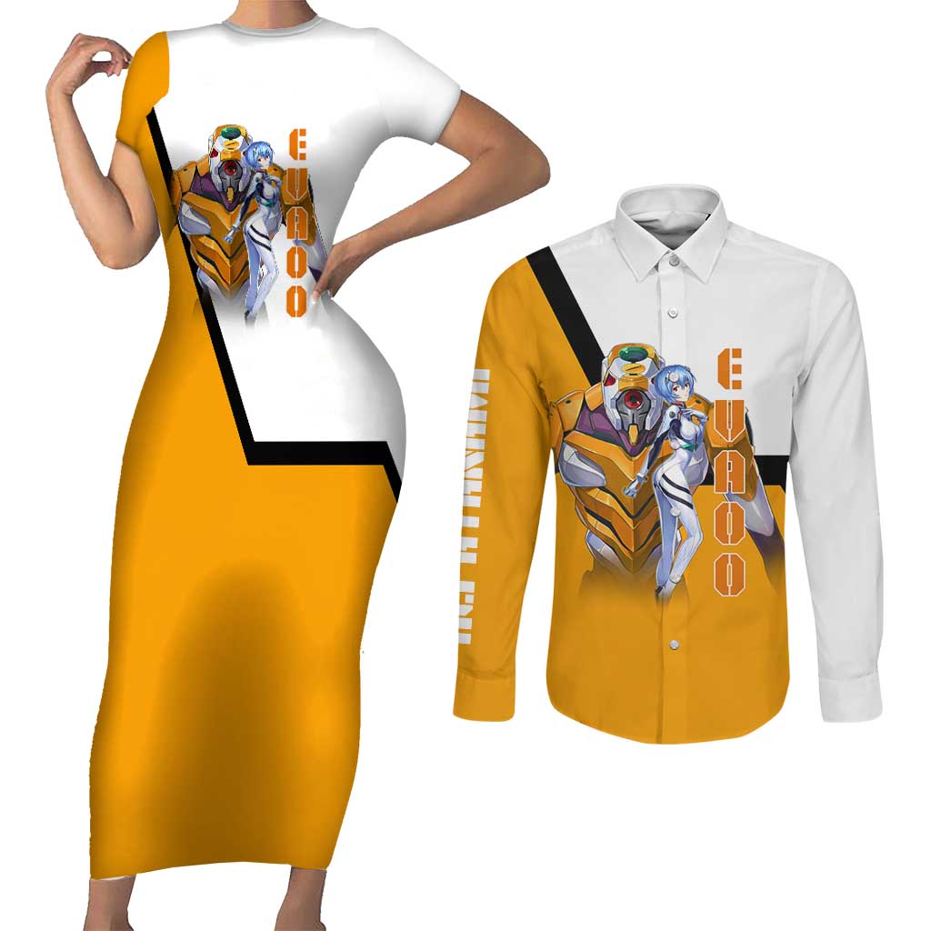 Evangelion EVA-00 and Rei Ayanami Yellow and White Couples Matching Short Sleeve Bodycon Dress and Long Sleeve Button Shirt Design with Mecha and Character Artwork - The Mazicc