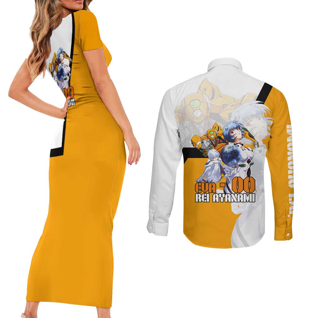 Evangelion EVA-00 and Rei Ayanami Yellow and White Couples Matching Short Sleeve Bodycon Dress and Long Sleeve Button Shirt Design with Mecha and Character Artwork - The Mazicc
