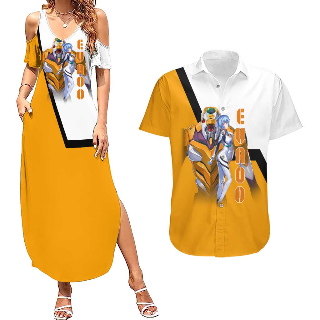 Evangelion EVA-00 and Rei Ayanami Yellow and White Couples Matching Summer Maxi Dress and Hawaiian Shirt Design with Mecha and Character Artwork - The Mazicc