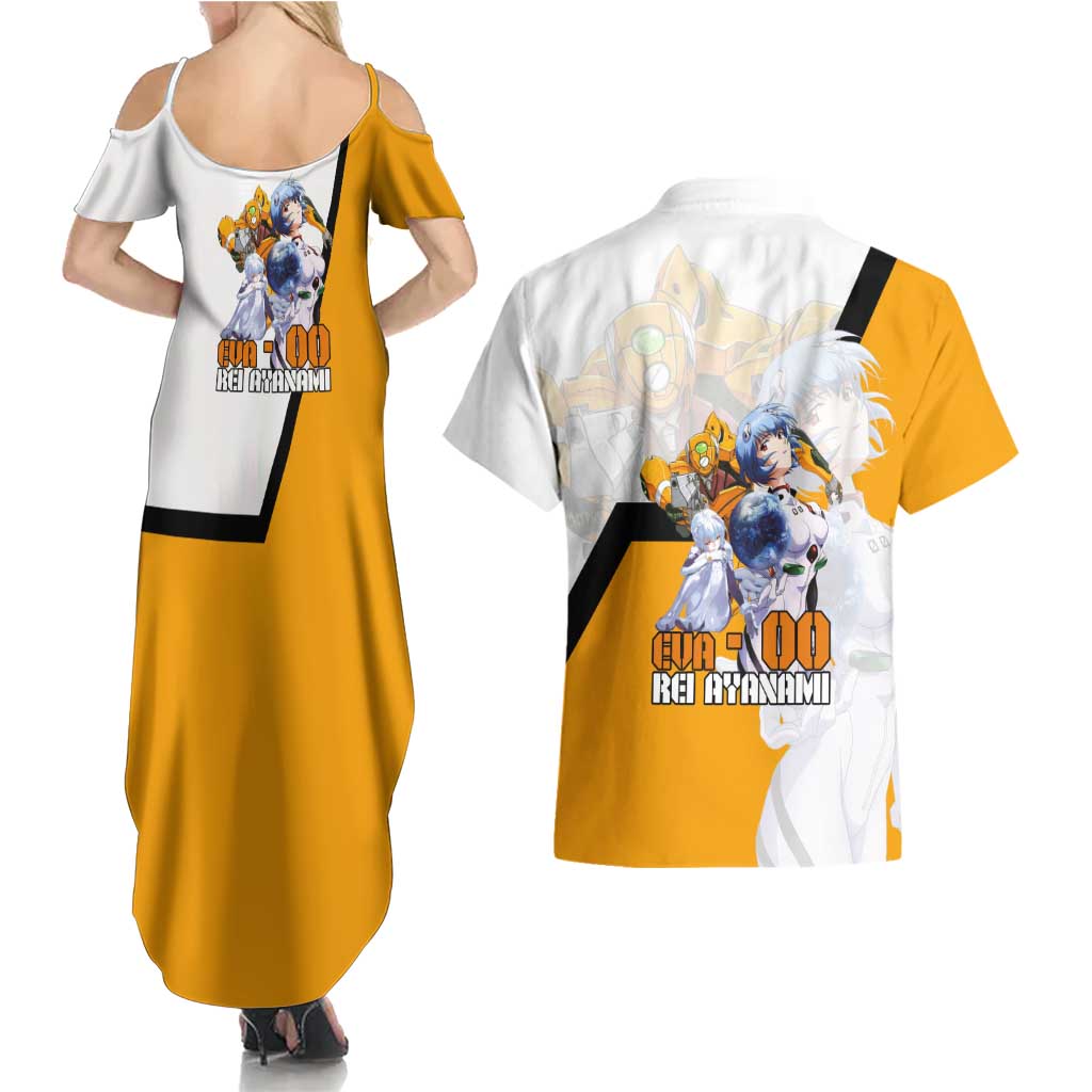 Evangelion EVA-00 and Rei Ayanami Yellow and White Couples Matching Summer Maxi Dress and Hawaiian Shirt Design with Mecha and Character Artwork - The Mazicc