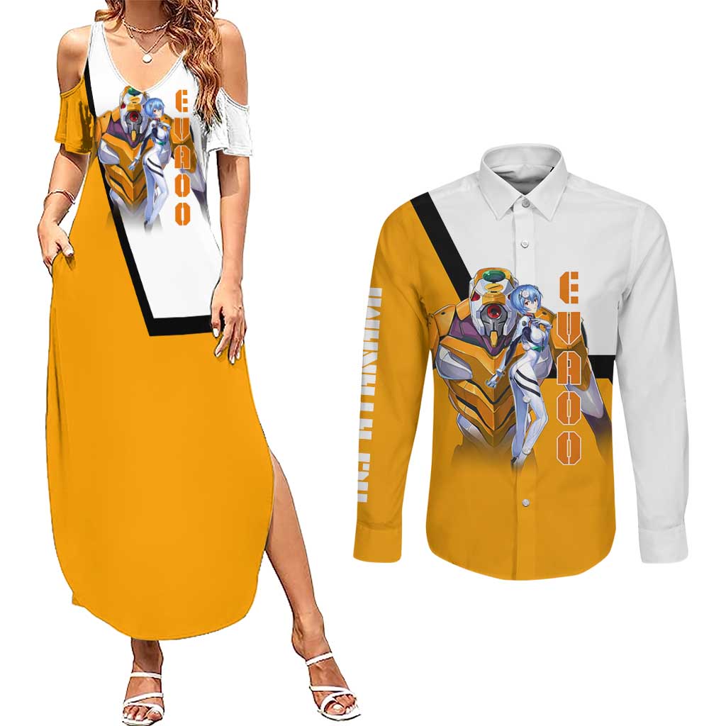 Evangelion EVA-00 and Rei Ayanami Yellow and White Couples Matching Summer Maxi Dress and Long Sleeve Button Shirt Design with Mecha and Character Artwork - The Mazicc