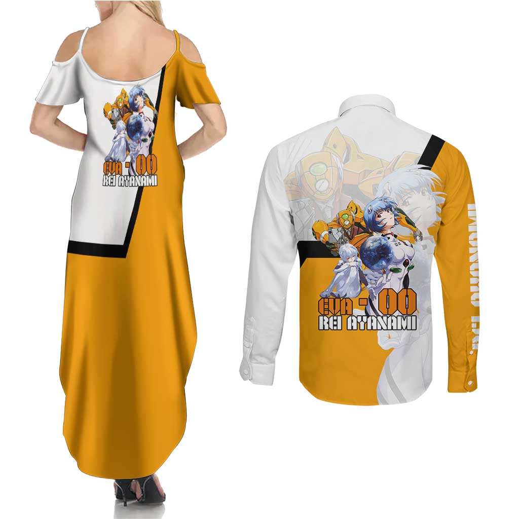 Evangelion EVA-00 and Rei Ayanami Yellow and White Couples Matching Summer Maxi Dress and Long Sleeve Button Shirt Design with Mecha and Character Artwork - The Mazicc