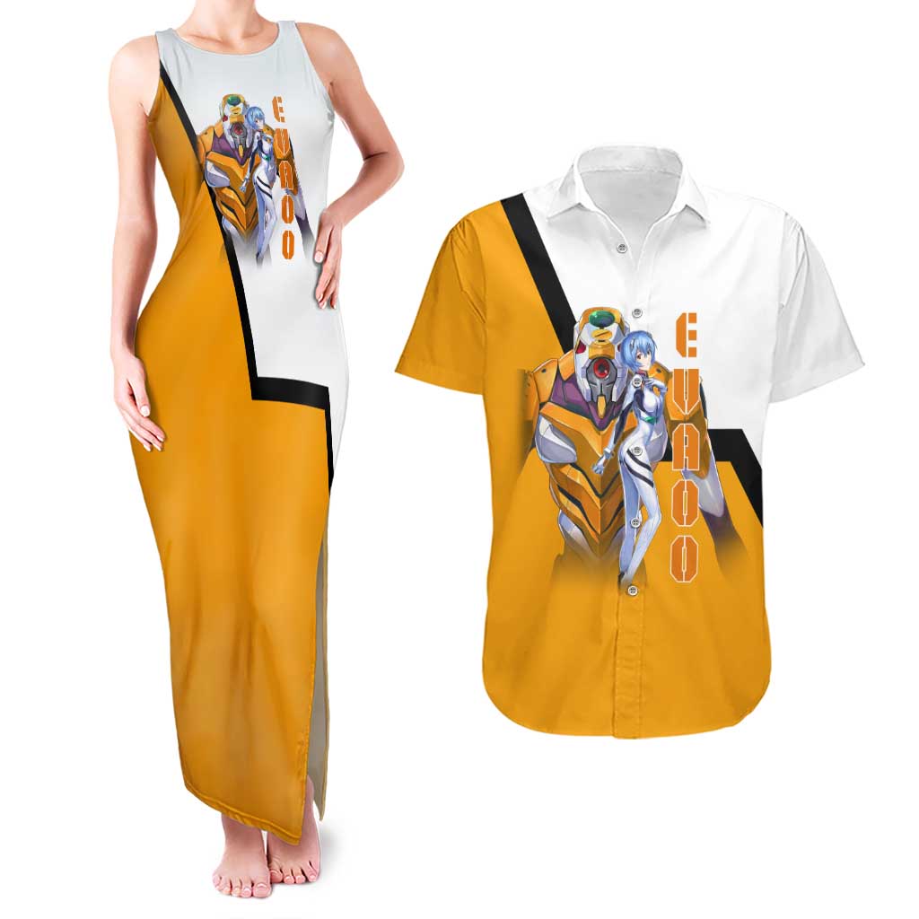 Evangelion EVA-00 and Rei Ayanami Yellow and White Couples Matching Tank Maxi Dress and Hawaiian Shirt Design with Mecha and Character Artwork - The Mazicc