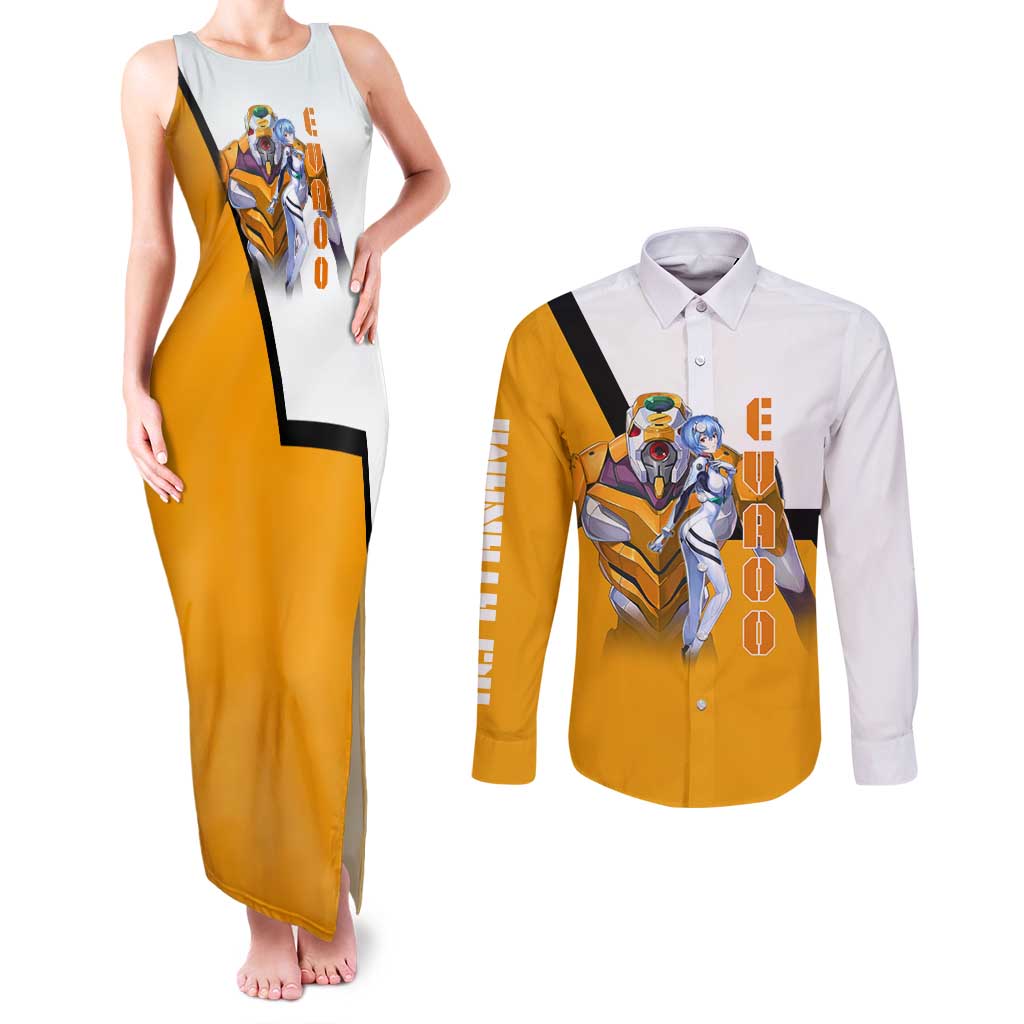 Evangelion EVA-00 and Rei Ayanami Yellow and White Couples Matching Tank Maxi Dress and Long Sleeve Button Shirt Design with Mecha and Character Artwork - The Mazicc