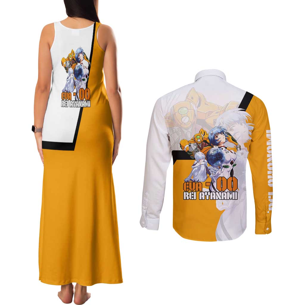 Evangelion EVA-00 and Rei Ayanami Yellow and White Couples Matching Tank Maxi Dress and Long Sleeve Button Shirt Design with Mecha and Character Artwork - The Mazicc