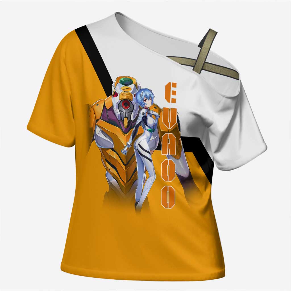 Evangelion EVA-00 and Rei Ayanami Yellow and White Cross Shoulder Shirt Design with Mecha and Character Artwork - The Mazicc