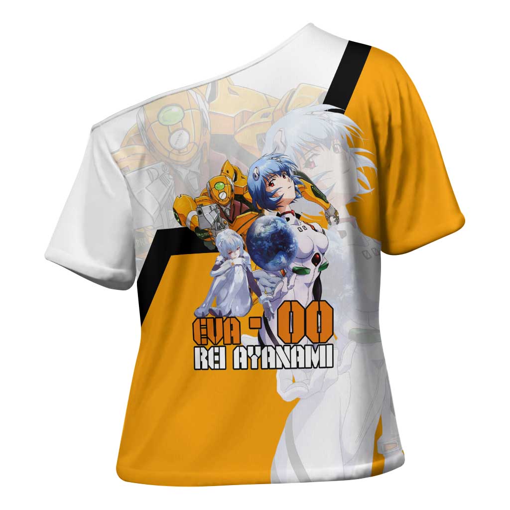 Evangelion EVA-00 and Rei Ayanami Yellow and White Cross Shoulder Shirt Design with Mecha and Character Artwork - The Mazicc