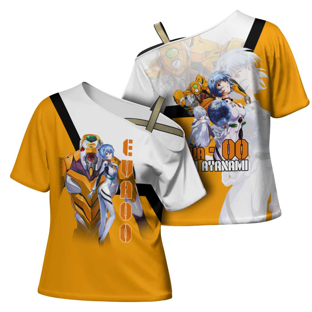 Evangelion EVA-00 and Rei Ayanami Yellow and White Cross Shoulder Shirt Design with Mecha and Character Artwork - The Mazicc