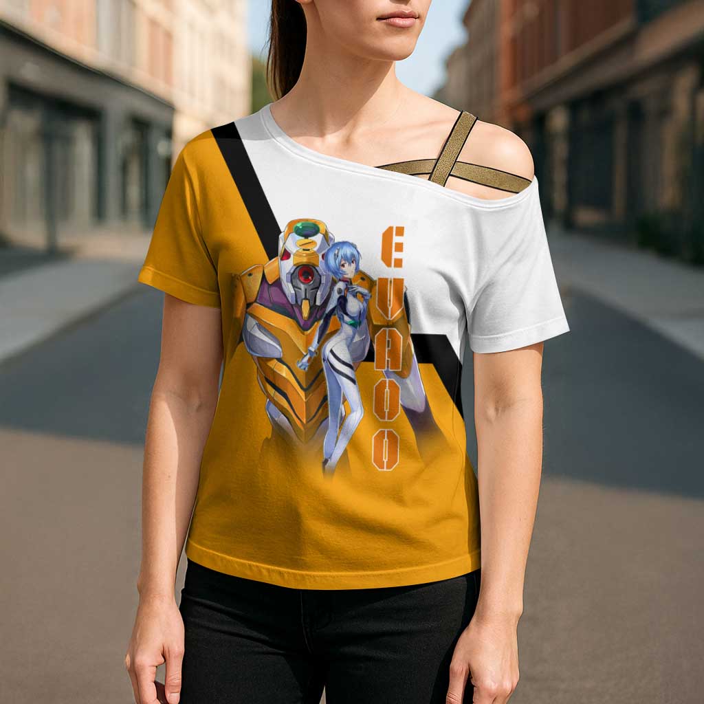 Evangelion EVA-00 and Rei Ayanami Yellow and White Cross Shoulder Shirt Design with Mecha and Character Artwork - The Mazicc