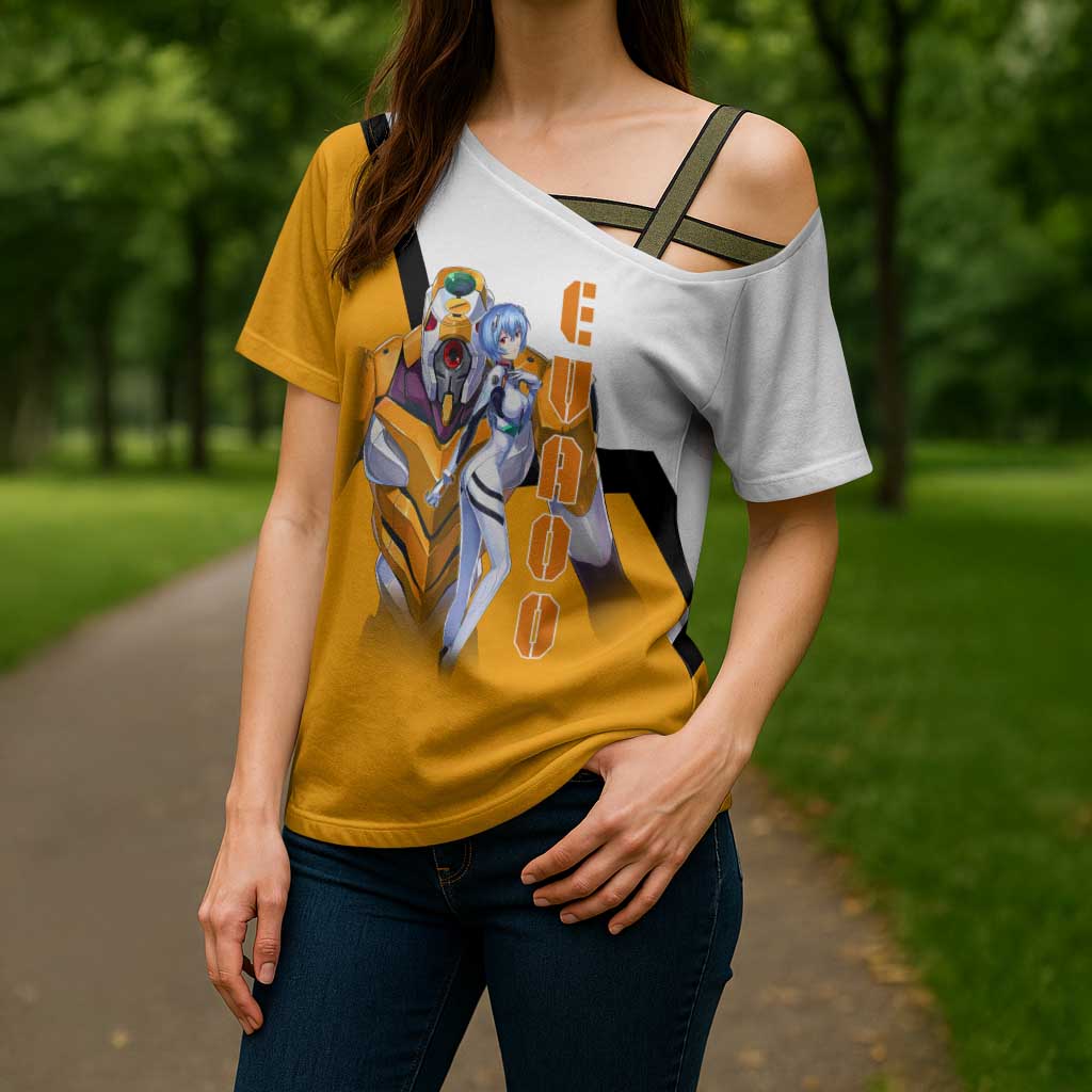 Evangelion EVA-00 and Rei Ayanami Yellow and White Cross Shoulder Shirt Design with Mecha and Character Artwork - The Mazicc
