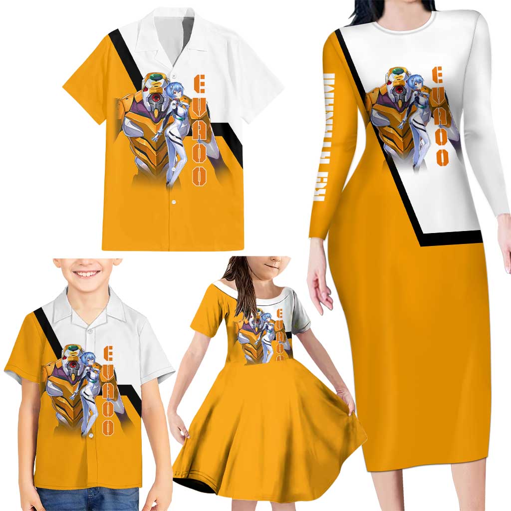 Evangelion EVA-00 and Rei Ayanami Yellow and White Family Matching Long Sleeve Bodycon Dress and Hawaiian Shirt Design with Mecha and Character Artwork