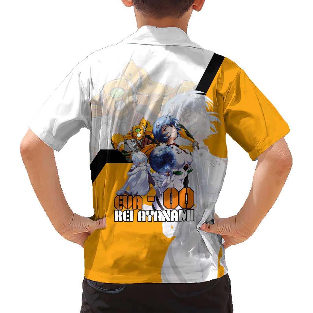 Evangelion EVA-00 and Rei Ayanami Yellow and White Family Matching Long Sleeve Bodycon Dress and Hawaiian Shirt Design with Mecha and Character Artwork
