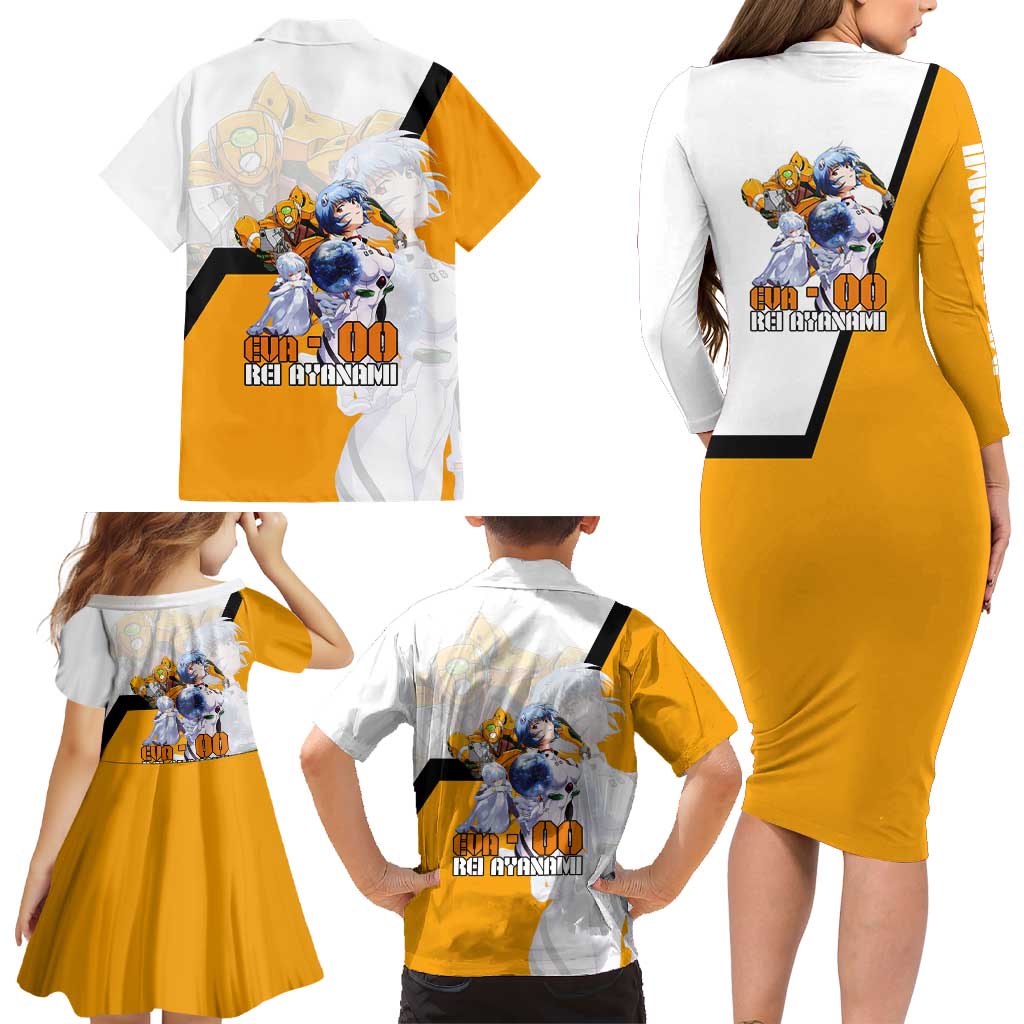 Evangelion EVA-00 and Rei Ayanami Yellow and White Family Matching Long Sleeve Bodycon Dress and Hawaiian Shirt Design with Mecha and Character Artwork