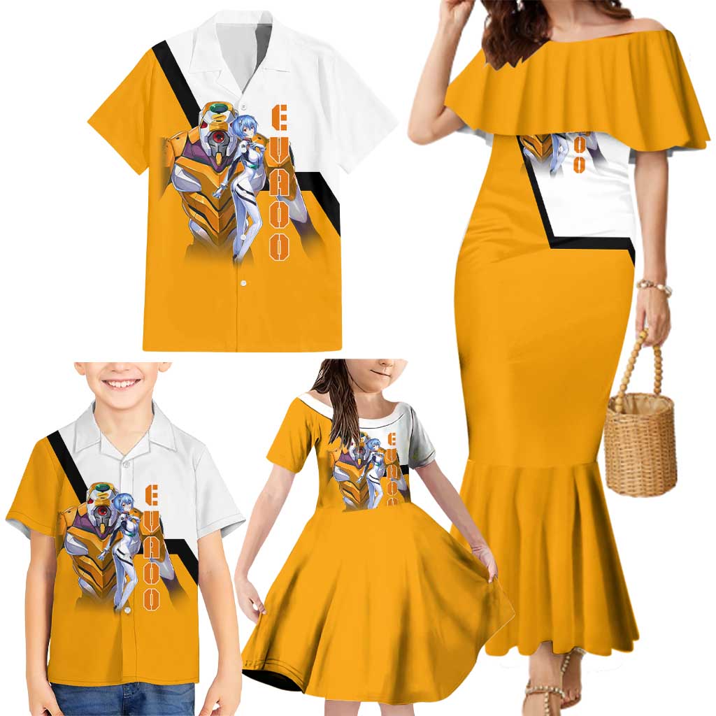 Evangelion EVA-00 and Rei Ayanami Yellow and White Family Matching Mermaid Dress and Hawaiian Shirt Design with Mecha and Character Artwork