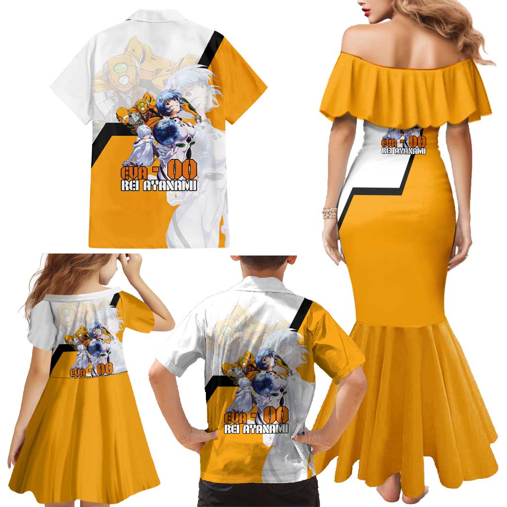 Evangelion EVA-00 and Rei Ayanami Yellow and White Family Matching Mermaid Dress and Hawaiian Shirt Design with Mecha and Character Artwork