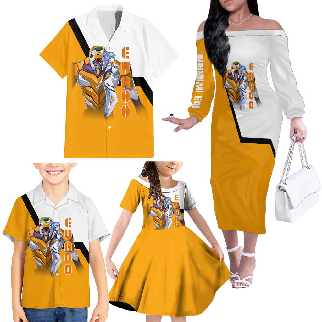 Evangelion EVA-00 and Rei Ayanami Yellow and White Family Matching Off The Shoulder Long Sleeve Dress and Hawaiian Shirt Design with Mecha and Character Artwork