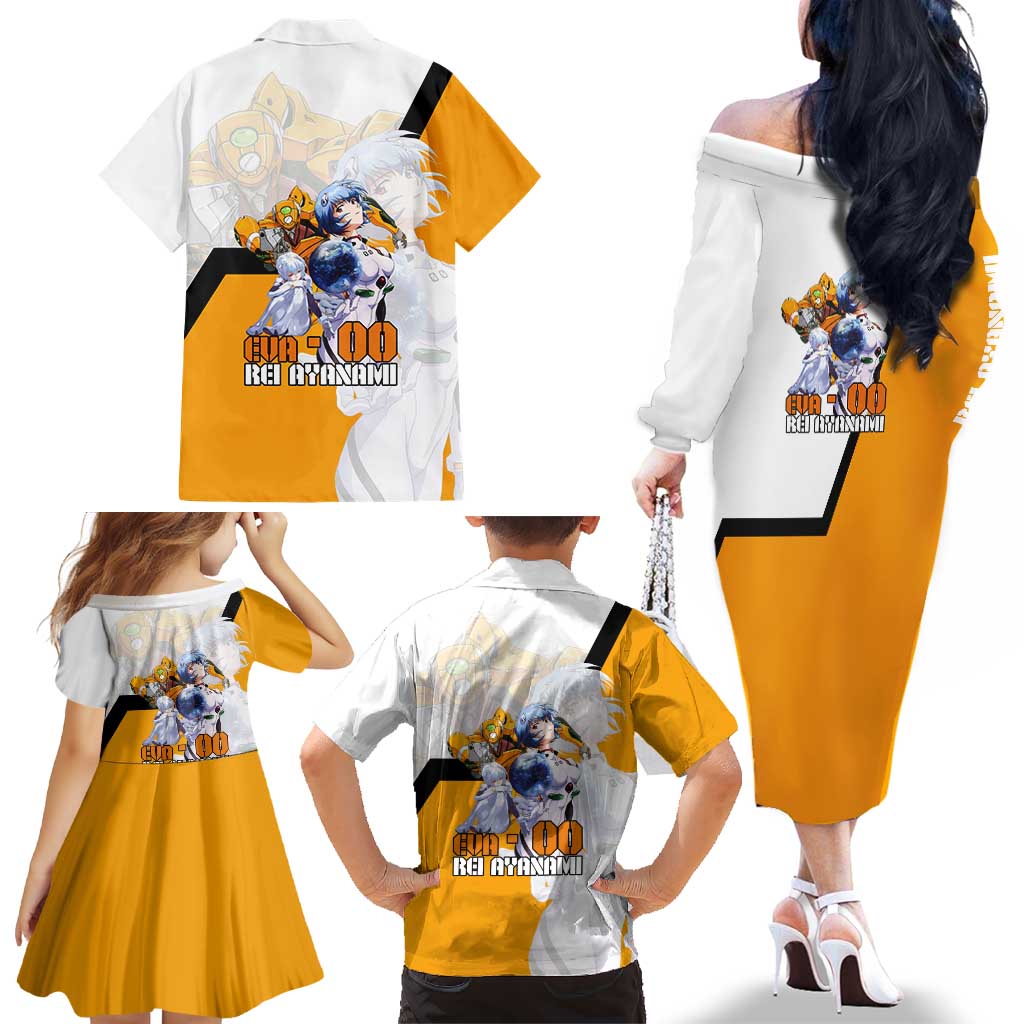 Evangelion EVA-00 and Rei Ayanami Yellow and White Family Matching Off The Shoulder Long Sleeve Dress and Hawaiian Shirt Design with Mecha and Character Artwork