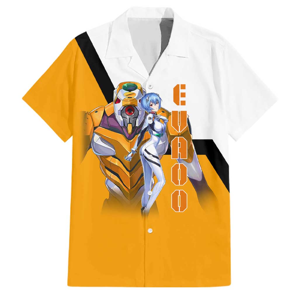 Evangelion EVA-00 and Rei Ayanami Yellow and White Family Matching Off The Shoulder Long Sleeve Dress and Hawaiian Shirt Design with Mecha and Character Artwork