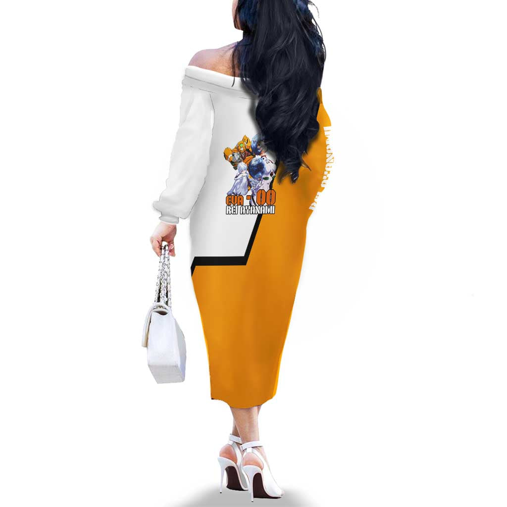 Evangelion EVA-00 and Rei Ayanami Yellow and White Family Matching Off The Shoulder Long Sleeve Dress and Hawaiian Shirt Design with Mecha and Character Artwork