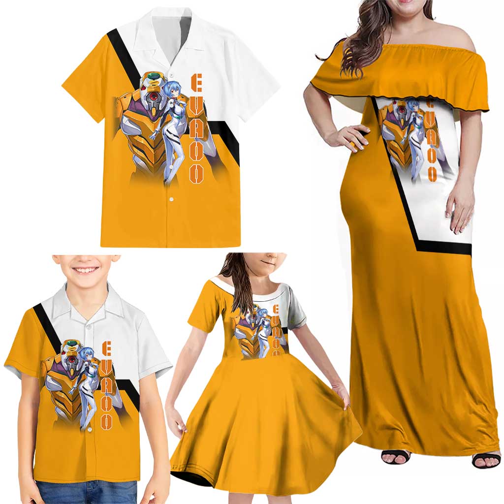 Evangelion EVA-00 and Rei Ayanami Yellow and White Family Matching Off Shoulder Maxi Dress and Hawaiian Shirt Design with Mecha and Character Artwork
