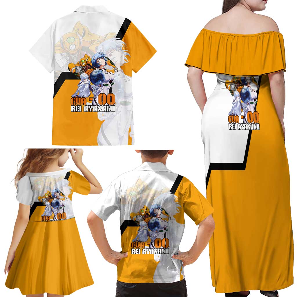 Evangelion EVA-00 and Rei Ayanami Yellow and White Family Matching Off Shoulder Maxi Dress and Hawaiian Shirt Design with Mecha and Character Artwork
