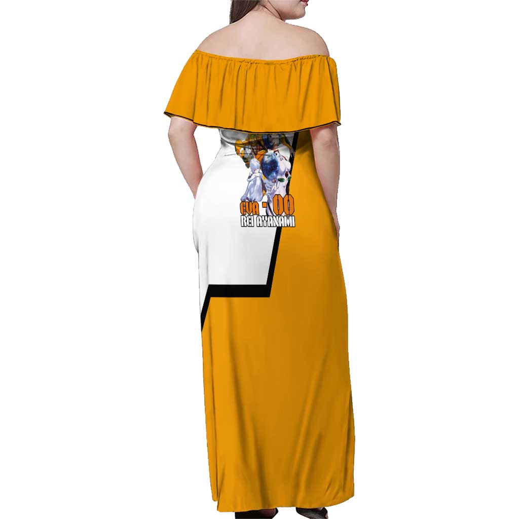 Evangelion EVA-00 and Rei Ayanami Yellow and White Family Matching Off Shoulder Maxi Dress and Hawaiian Shirt Design with Mecha and Character Artwork