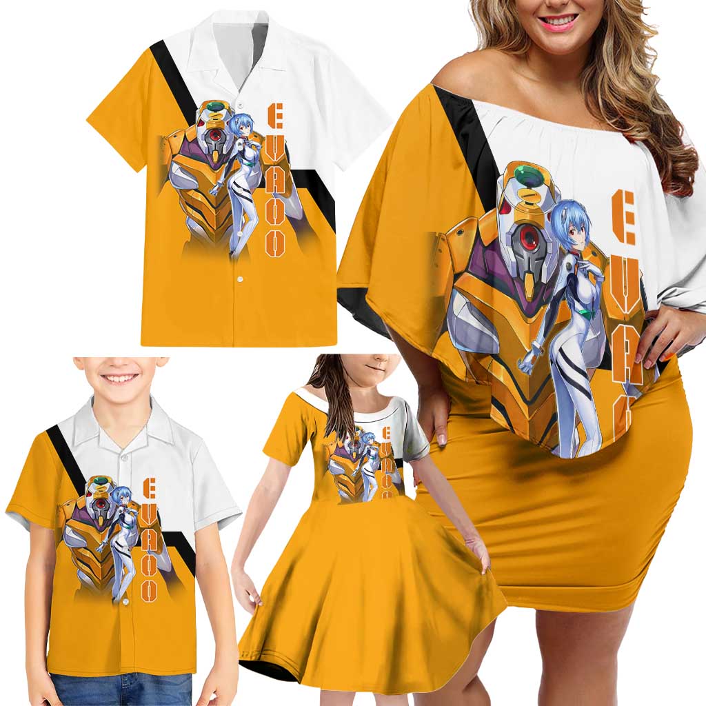 Evangelion EVA-00 and Rei Ayanami Yellow and White Family Matching Off Shoulder Short Dress and Hawaiian Shirt Design with Mecha and Character Artwork