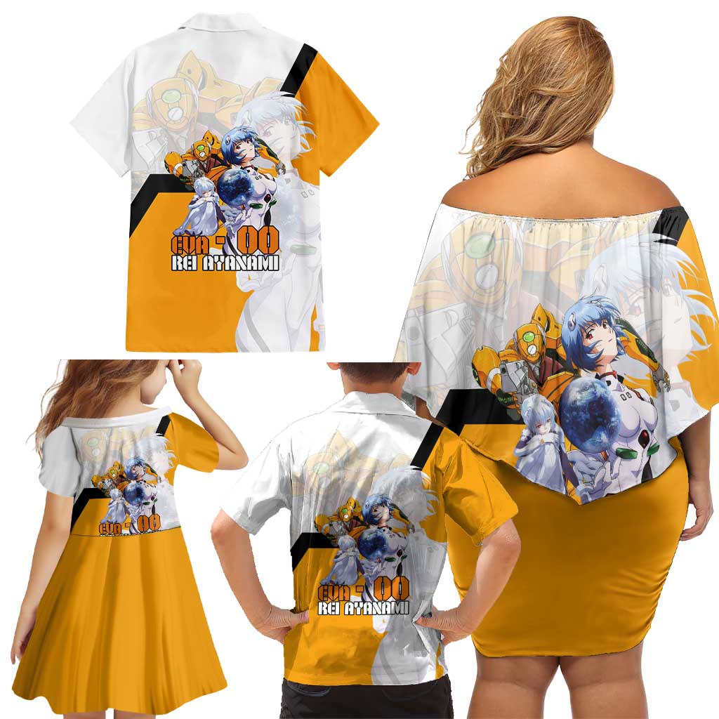 Evangelion EVA-00 and Rei Ayanami Yellow and White Family Matching Off Shoulder Short Dress and Hawaiian Shirt Design with Mecha and Character Artwork