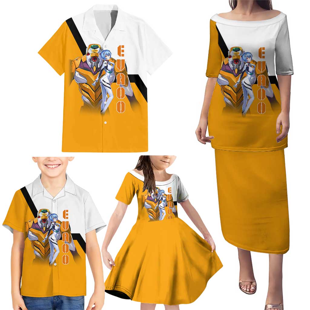 Evangelion EVA-00 and Rei Ayanami Yellow and White Family Matching Puletasi and Hawaiian Shirt Design with Mecha and Character Artwork