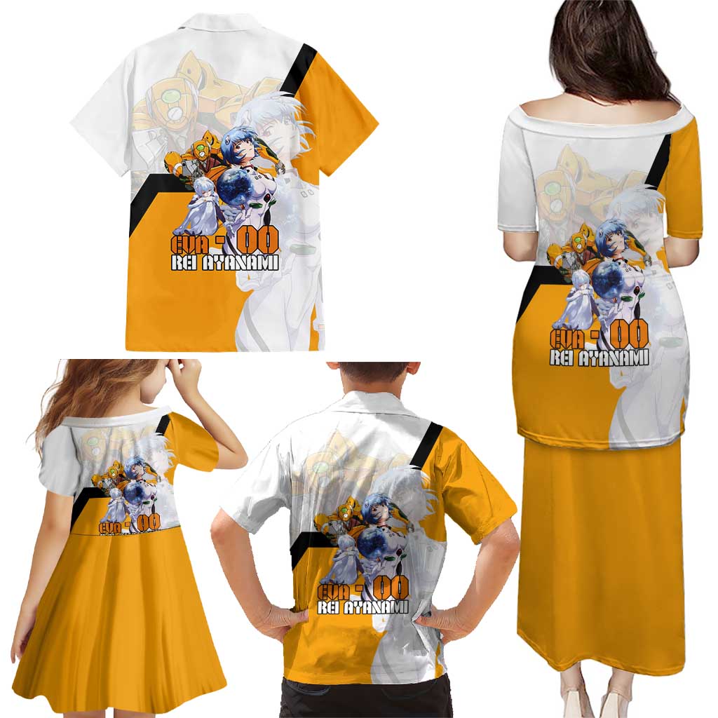 Evangelion EVA-00 and Rei Ayanami Yellow and White Family Matching Puletasi and Hawaiian Shirt Design with Mecha and Character Artwork