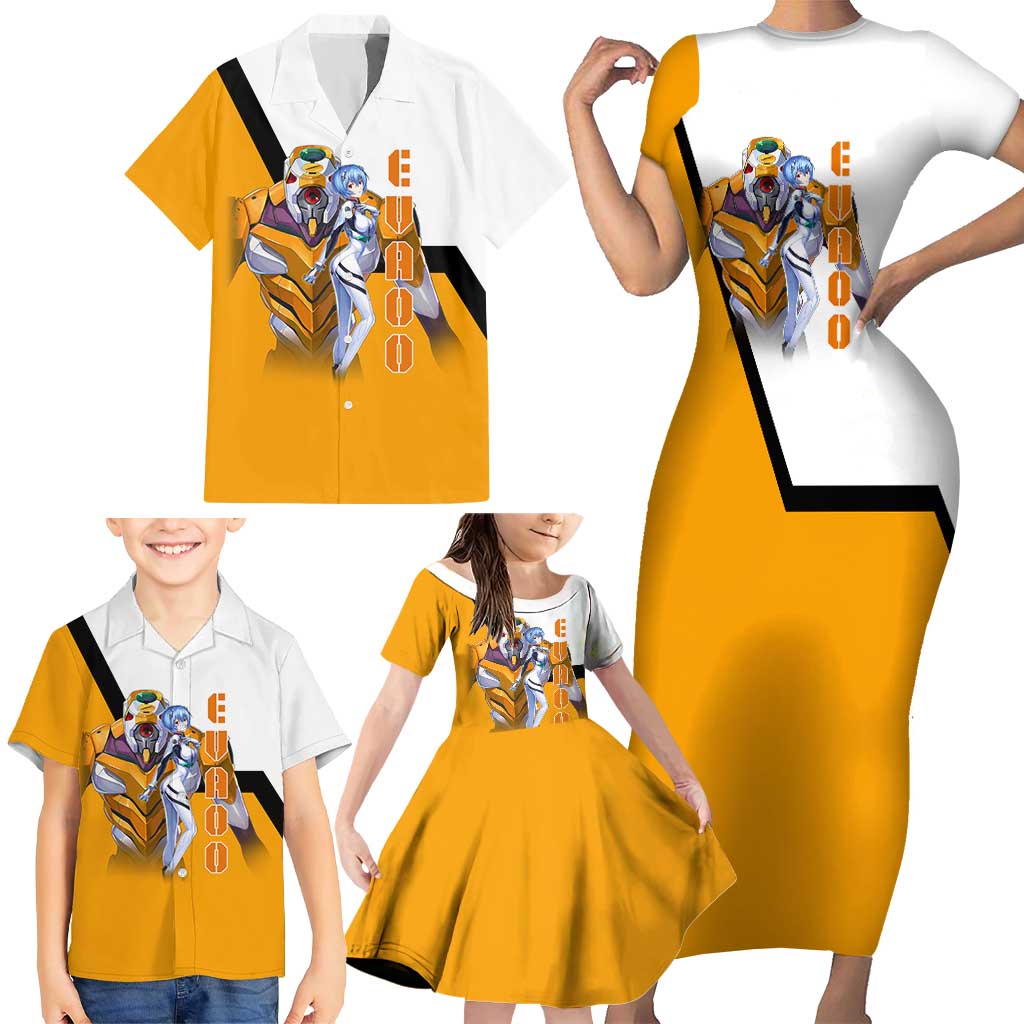 Evangelion EVA-00 and Rei Ayanami Yellow and White Family Matching Short Sleeve Bodycon Dress and Hawaiian Shirt Design with Mecha and Character Artwork