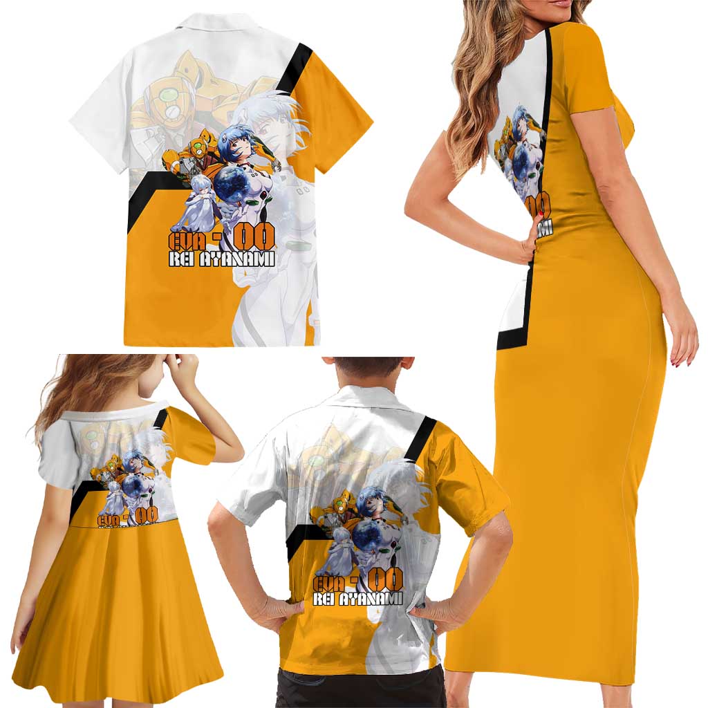 Evangelion EVA-00 and Rei Ayanami Yellow and White Family Matching Short Sleeve Bodycon Dress and Hawaiian Shirt Design with Mecha and Character Artwork