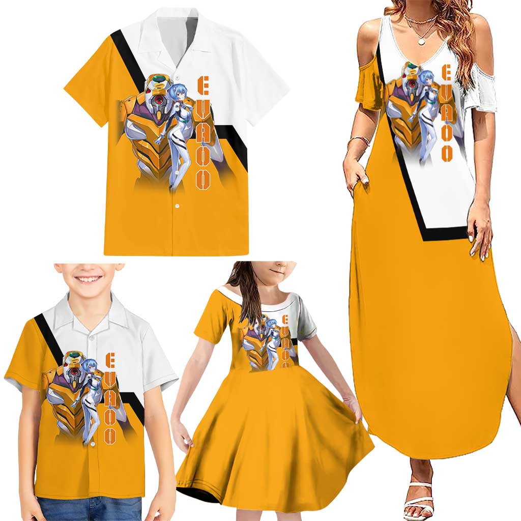 Evangelion EVA-00 and Rei Ayanami Yellow and White Family Matching Summer Maxi Dress and Hawaiian Shirt Design with Mecha and Character Artwork