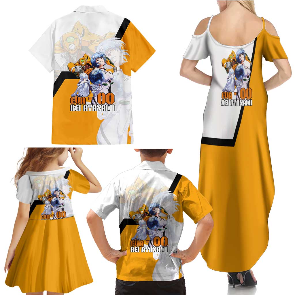 Evangelion EVA-00 and Rei Ayanami Yellow and White Family Matching Summer Maxi Dress and Hawaiian Shirt Design with Mecha and Character Artwork
