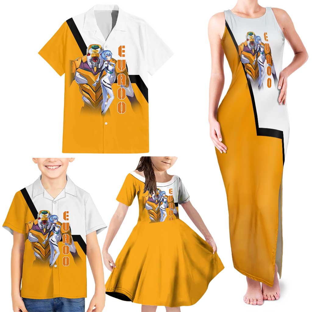 Evangelion EVA-00 and Rei Ayanami Yellow and White Family Matching Tank Maxi Dress and Hawaiian Shirt Design with Mecha and Character Artwork